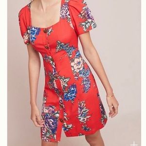 Maeve by Anthropologie Red Floral Button Dress